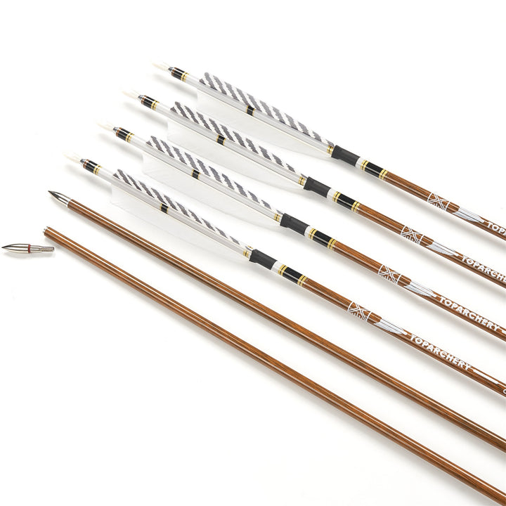 32,5 zoll  Pure Carbon pfeile, 12 Stück 6,2 mm Schaftstärke, 300–600 Pure Carbon Bogenschießpfeile, Schaft mit Holzoptik, natürliche, gestreifte weiße Truthahnfedern