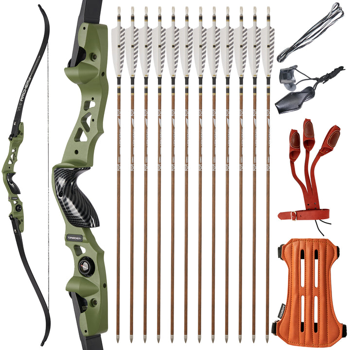 ILF 62-Zoll-Recurvebogen- und Pfeilset, 25–60 lbs, Recurvebogen mit 12 Pfeilen aus reinem Carbon mit echten Federn, Versand aus Deutschland