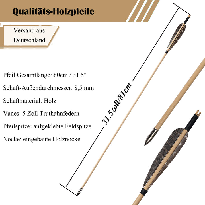 12er 31.5 Zoll Holzpfeile mit Naturfedern Holz Jagdpfeile für Langbögen Recurve Bögen