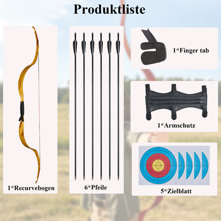 25 lbs Reiterbogen set für Anfänger – 50 Zoll Traditioneller Recurvebogen Ideal für Bogenschießen Einsteiger & Training