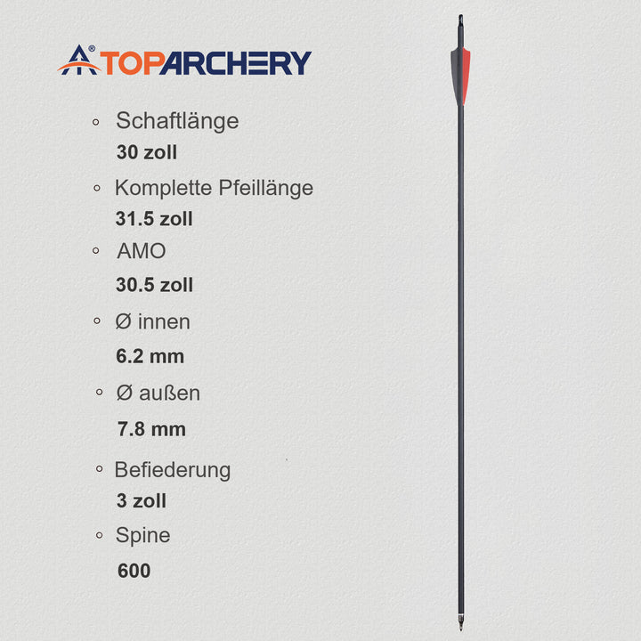 TopArchery 30 zoll carbonpfeile spine 500 Pfeile für Bogenschießen
