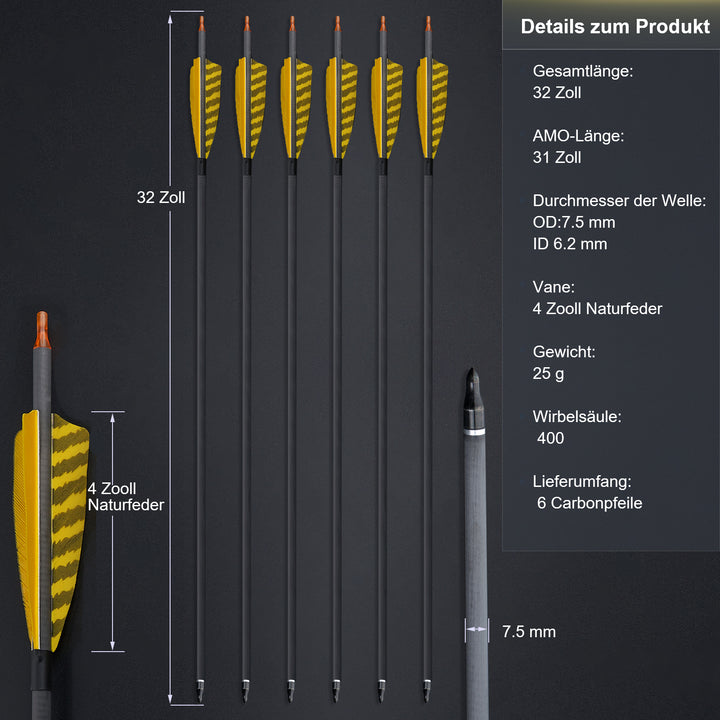 12 er 32" Pure  Carbon Pfeile mit 4" Truthahnfedern Spine 400 für Bogenschießen Recurvebogen