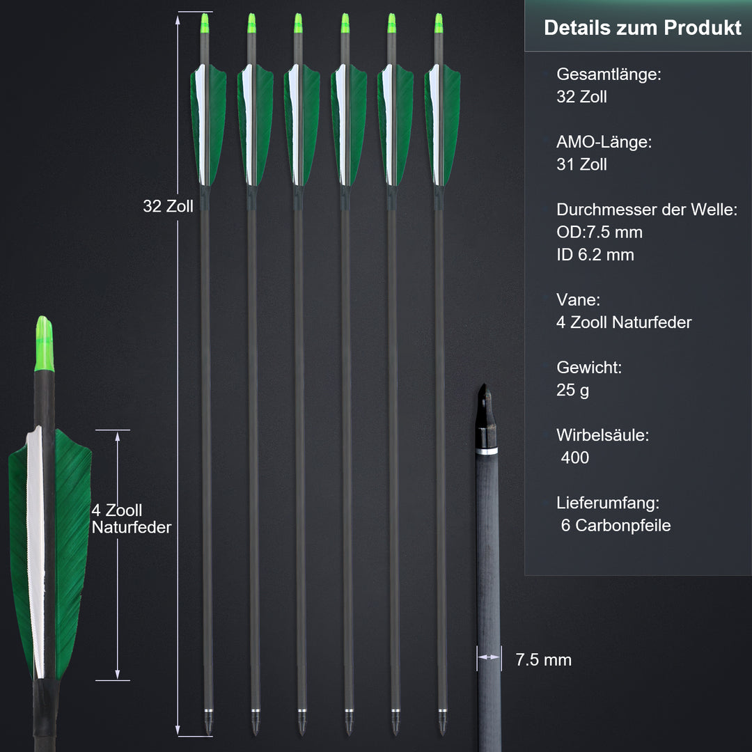 32" Pure Carbon Pfeile mit 4" Truthahnfedern Spine 400 für Bogenschießen Recurvebogen