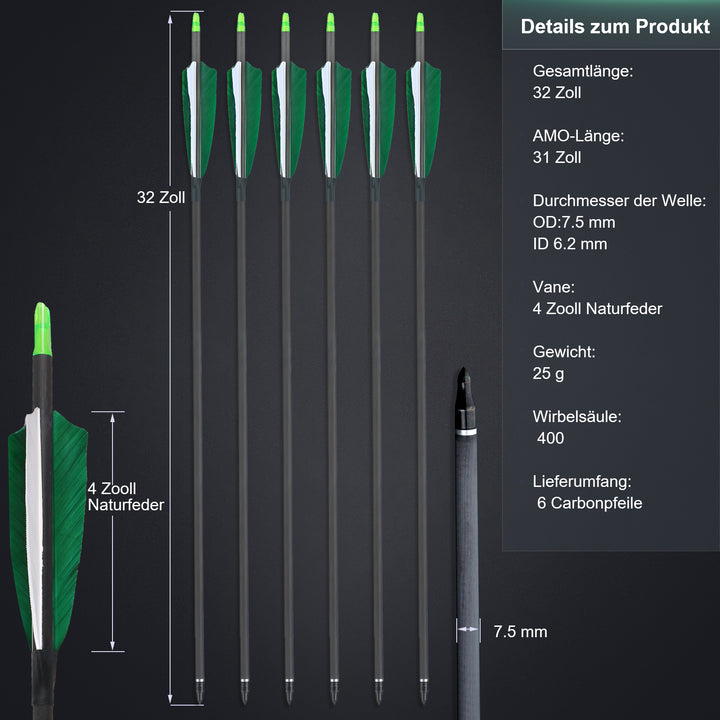 32" Pure Carbon Pfeile mit 4" Truthahnfedern Spine 400 für Bogenschießen Recurvebogen