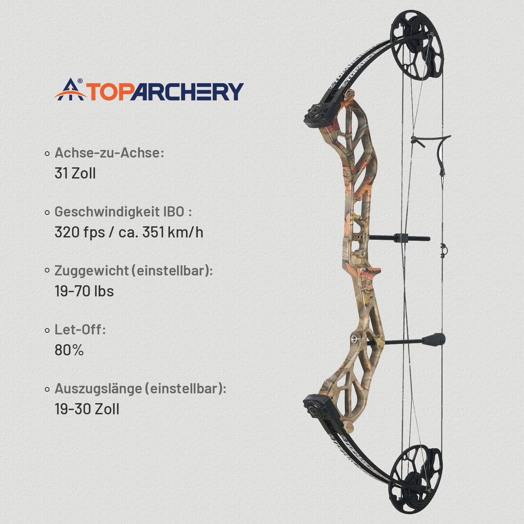 TP31 Compoundbogen für Jagd & 3D – 19-70 lbs Zuggewicht,Let Off 80%, 320 fps,