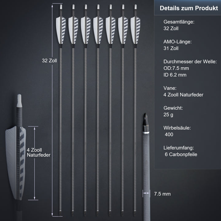 12 er 32" Pure  Carbon Pfeile mit 4" Truthahnfedern Spine 400 für Bogenschießen Recurvebogen