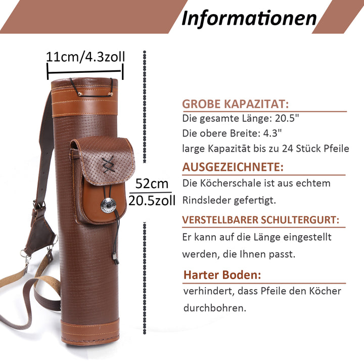 Traditionelle Schulter zurück Köcher Leder Pfeil Halter mit großen Beutel handgefertigte Riemen Gürteltasche braun