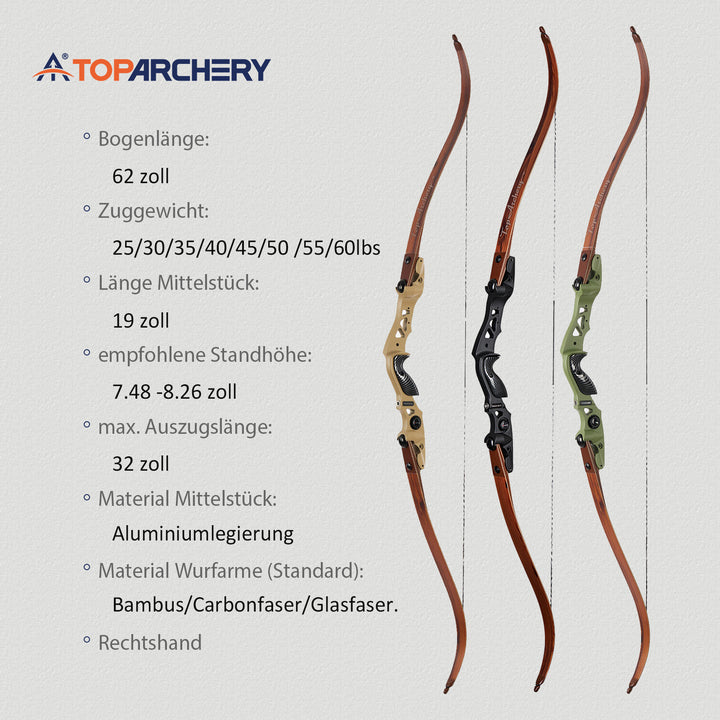 62 Zoll - 25-60 lbs - ILF - Take Down Recurvebogen