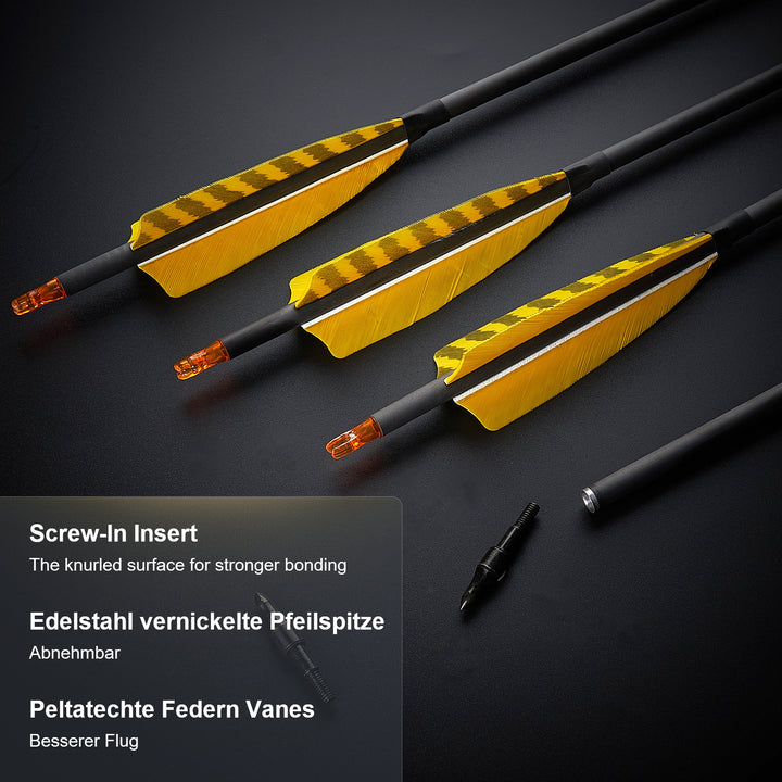 12 er 32" Pure  Carbon Pfeile mit 4" Truthahnfedern Spine 400 für Bogenschießen Recurvebogen