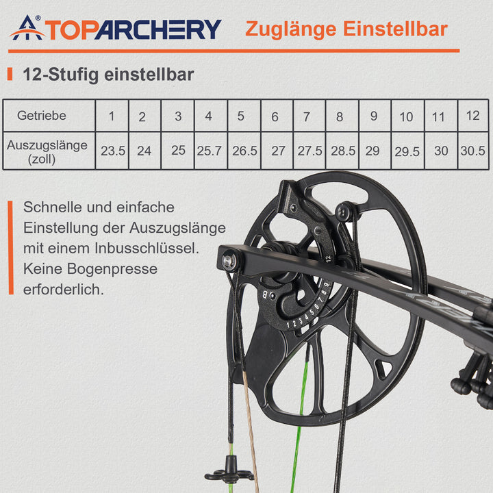 Toparchery T7 Compoundbogen-Set für Erwachsene, 23,5-30,5 zoll Auszugslänge, 30-70 lbs Zuggewicht, bis zu 310 FPS