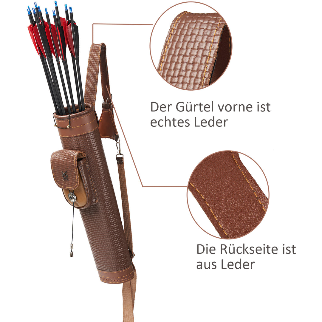 Traditionelle Schulter zurück Köcher Leder Pfeil Halter mit großen Beutel handgefertigte Riemen Gürteltasche braun