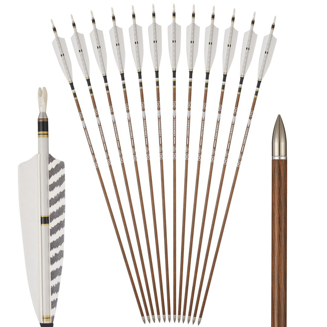 32,5 zoll  Pure Carbon pfeile, 12 Stück 6,2 mm Schaftstärke, 300–600 Pure Carbon Bogenschießpfeile, Schaft mit Holzoptik, natürliche, gestreifte weiße Truthahnfedern