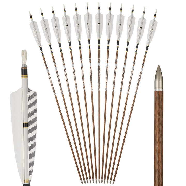 32,5 zoll  Pure Carbon pfeile, 12 Stück 6,2 mm Schaftstärke, 300–600 Pure Carbon Bogenschießpfeile, Schaft mit Holzoptik, natürliche, gestreifte weiße Truthahnfedern