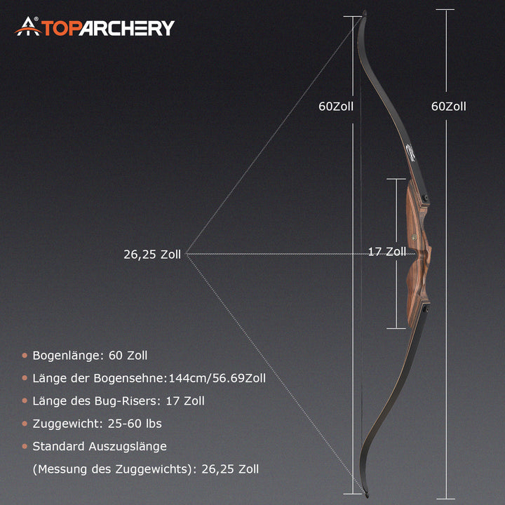 60 Zoll Recurvebogen - 25-60 lbs  Für Jagd, Training und Wettkampf für Einsteiger bis Profis