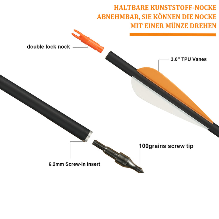 Huntingdoor 12er 30 Zoll Carbon Pfeile für Bogenschießen ID 6.2mm